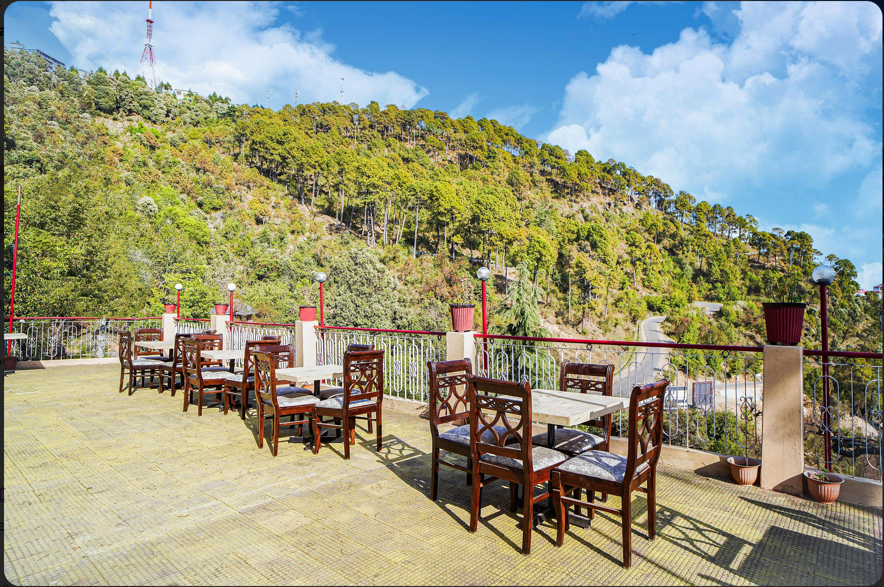 Terrace dining tables among the pines with valley views